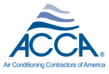 Logo of the Air Conditioning Contractors of America, featuring "ACCA" in bold blue letters beneath stylized blue waves on a white background.