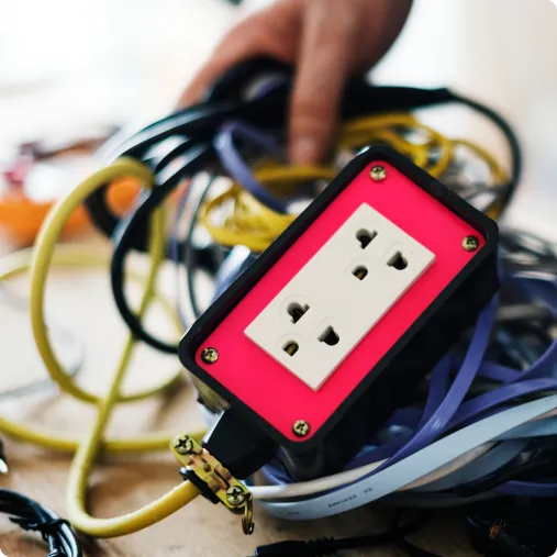 A hand holding a tangle of colorful cables, focusing on a pink power extension.