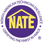 Circular logo featuring "NATE" in bold yellow within a stylized house shape. Purple border reads "North American Technician Excellence, Certifying the Finest in HVACR."